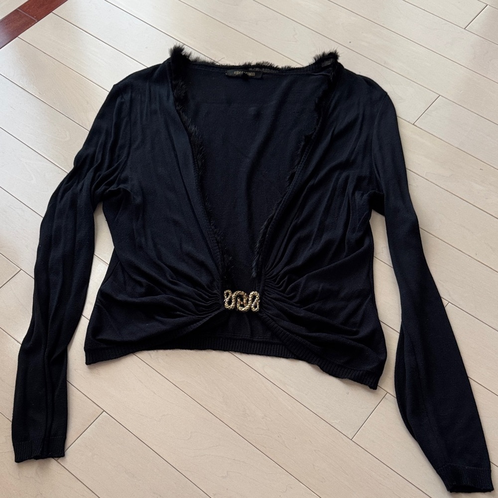 Roberto Cavalli Black Cardigan with Fur Detail and Snake Brooch Closure